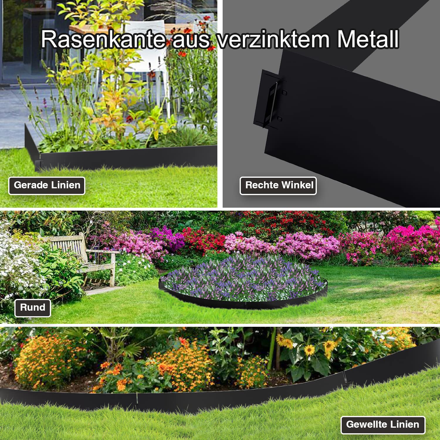 Bordure de pelouse en métal 20m - 20 pièces Bordure de Tonte, galvanisée Clôture de Jardin Bordure de Parterre Longueur par Bande 10m - Hauteur 18cm, Noir