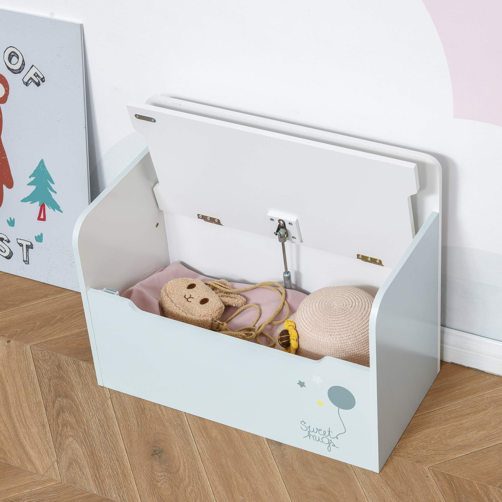 HOMCOM Panca Contenitore Portagiochi 2 in 1 in Legno, Cassapanca con Schienale per Bambini da 3-6 Anni, 60x30x50 cm, Azzurro