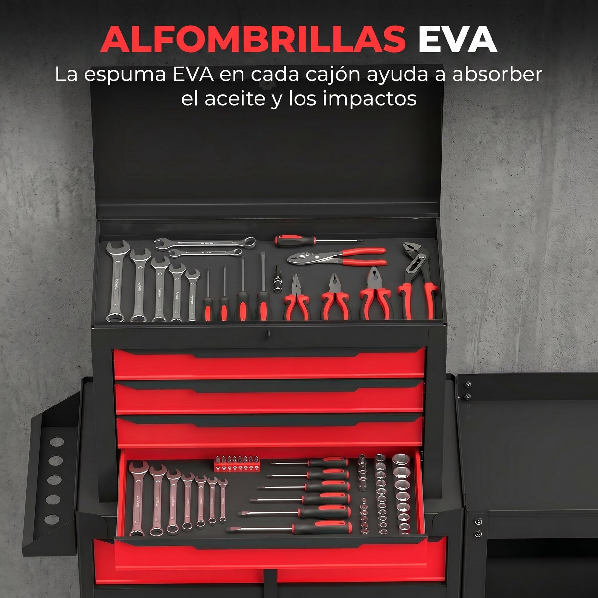 HOMCOM Carro de Herramientas con 5 Cajones 3 en 1 Cerradura Negro y Rojo | Caja de Taller Metálica, Soporte Lateral, Armario Inferior, Paneles Perforados, Asa, 2 Ruedas con Freno de Bloqueo