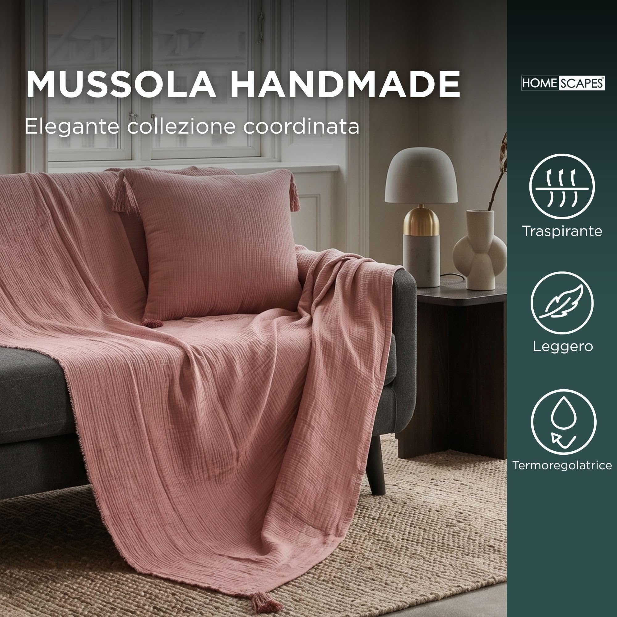 HOMESCAPES Plaid in garza di cotone, 127 x 180 cm, con nappine, coperta leggera e traspirante, 100% cotone, copridivano o letto, colore: rosa