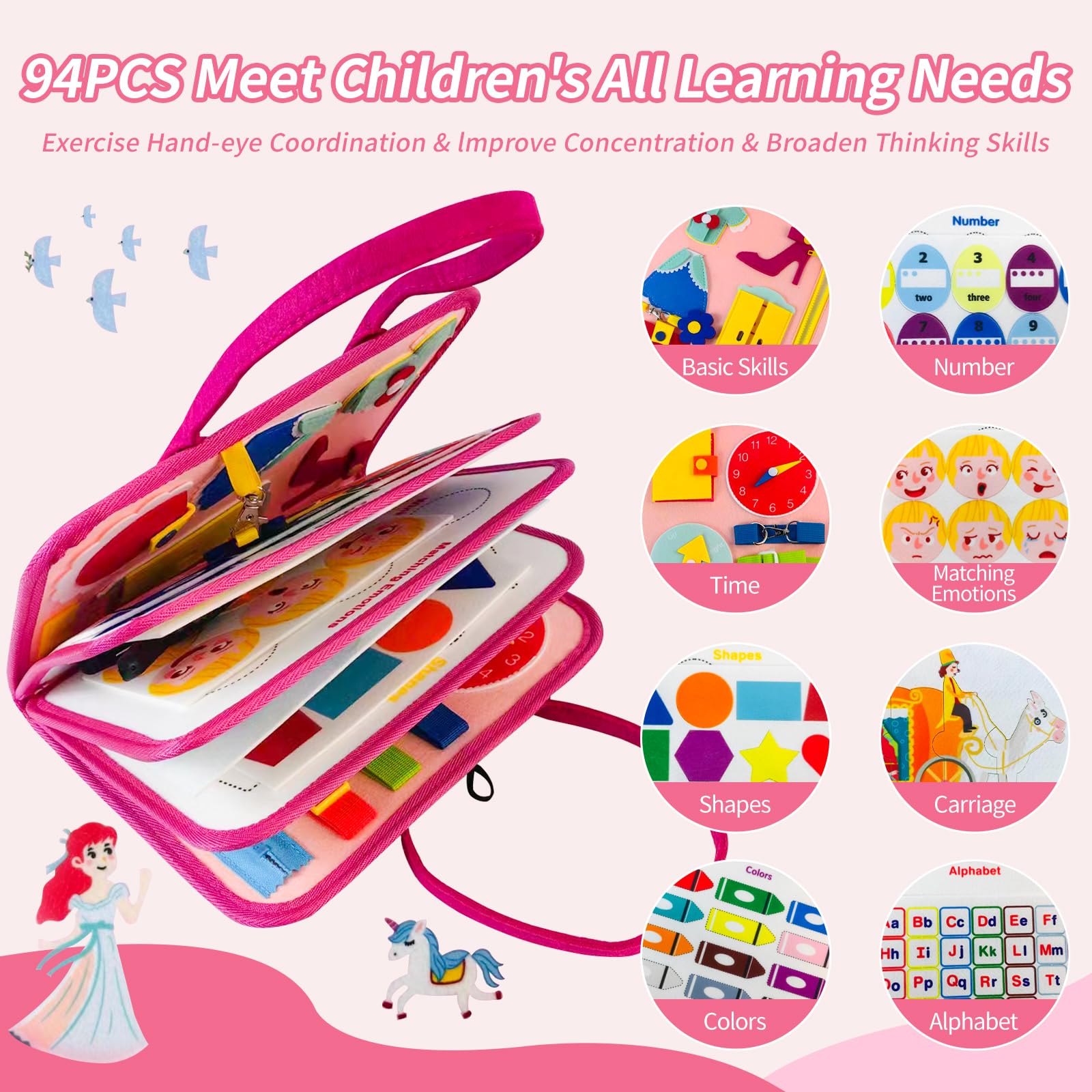 Montessori Busy Board for Toddlers 1-3 Years Sensory Activity Board with Zipper, Buckle, Laces - Educational Travel Toy, Learning Fine Motor Skills, Montessori Toys for 1 2 3 Year Old Boys Girls