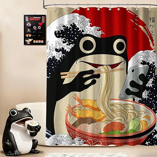 Miniatura 44 de Divertida cortina de ducha con diseño de gato japonés para juegos de decoración de baño, tela de tela impermeable con ganchos, 70 x 72 pulgadas