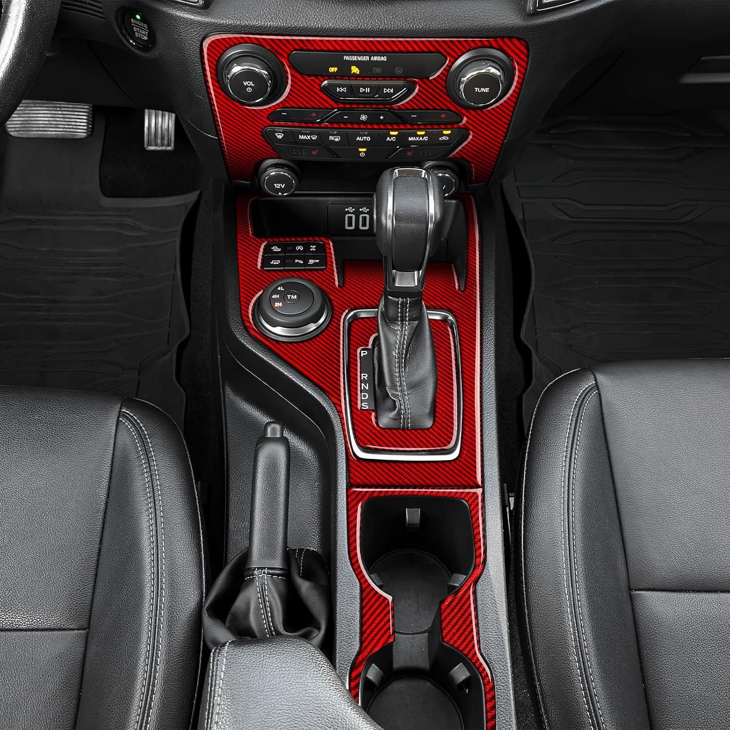 Gear Shift Control Panel Trim Carbon Fiber Sticker Cover Accessories for Ford Ranger XLT Lariat XL 2019 2020 2021 2022 2023 Interior Red (Style B)