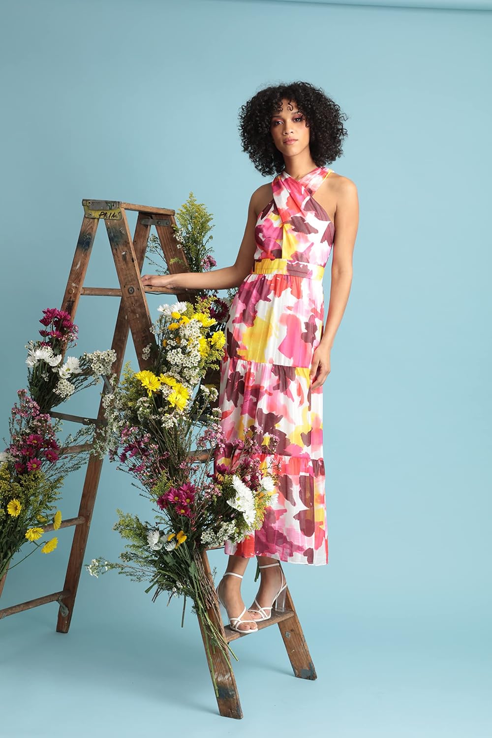 Maggy London Womens Sleeveless Criss Cross Halter Neck Tiered Maxi Dress - Image 6