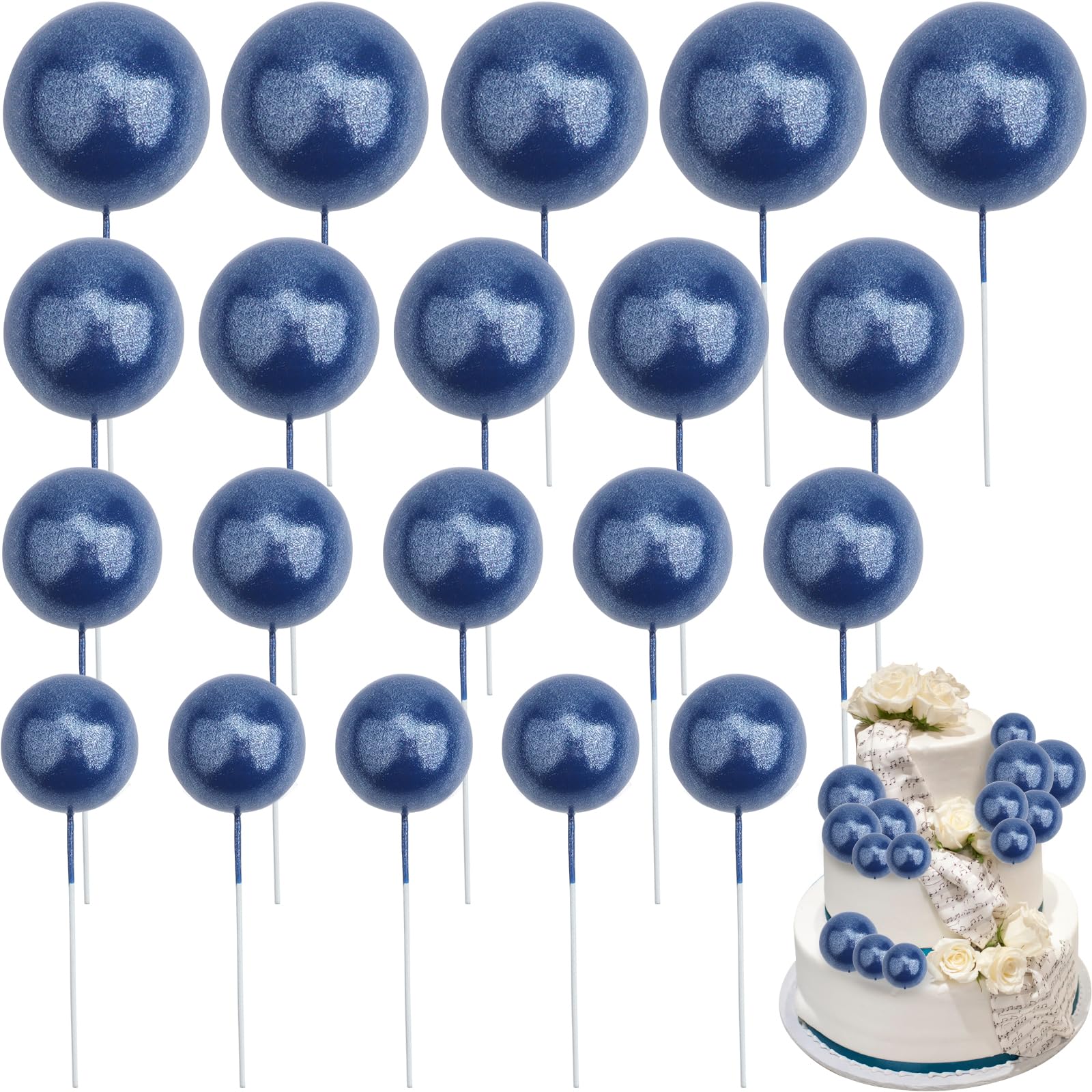 LHNNDM Ball Cake Topper Decorations, Birthday Cake Toppers, Mini Balloons Cake Topper Sticks for Birthday Wedding Baby Shower Party Decoration (Pearl-Finish Dark Blue)