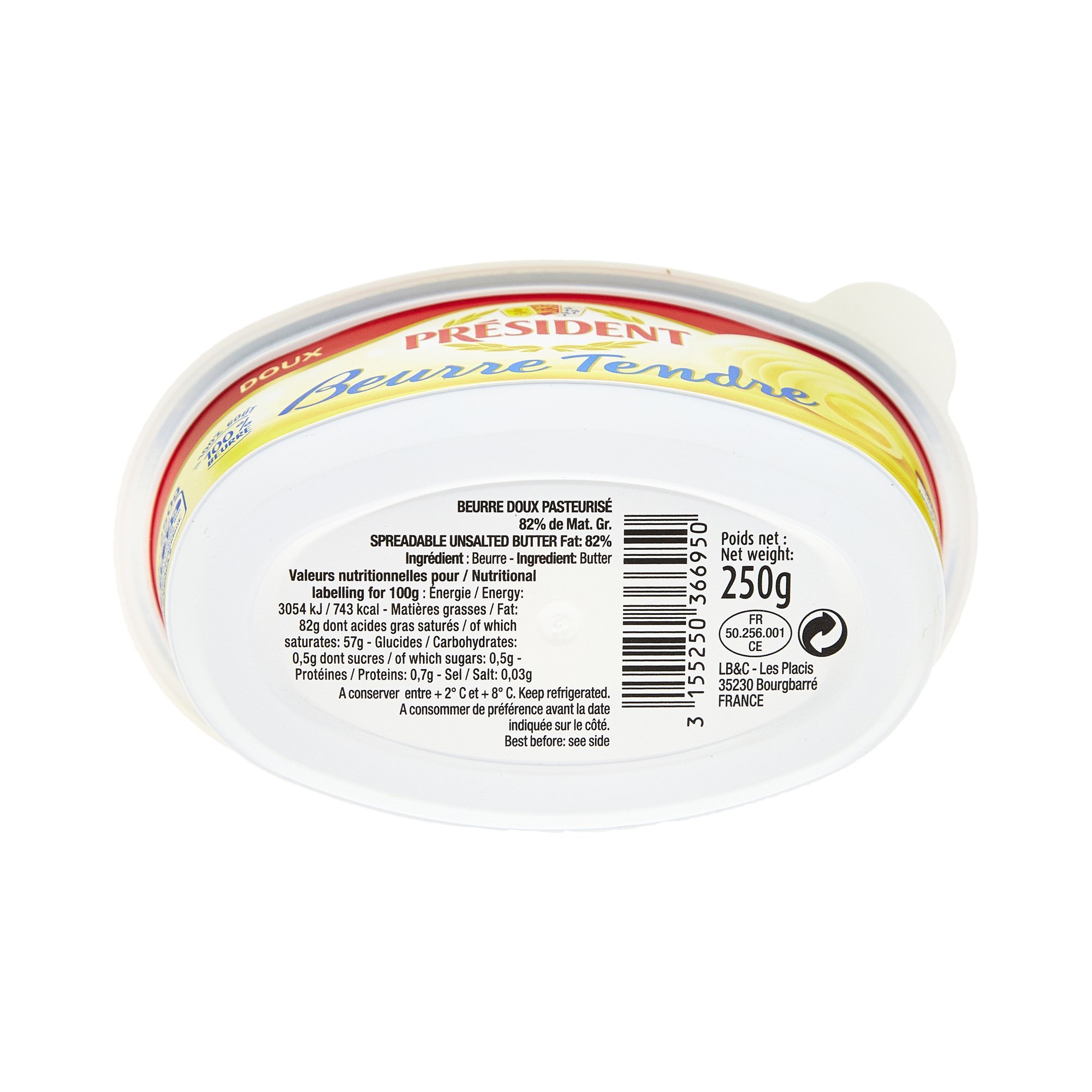 Beurre tendre doux Président 82% MG beurrier 250g