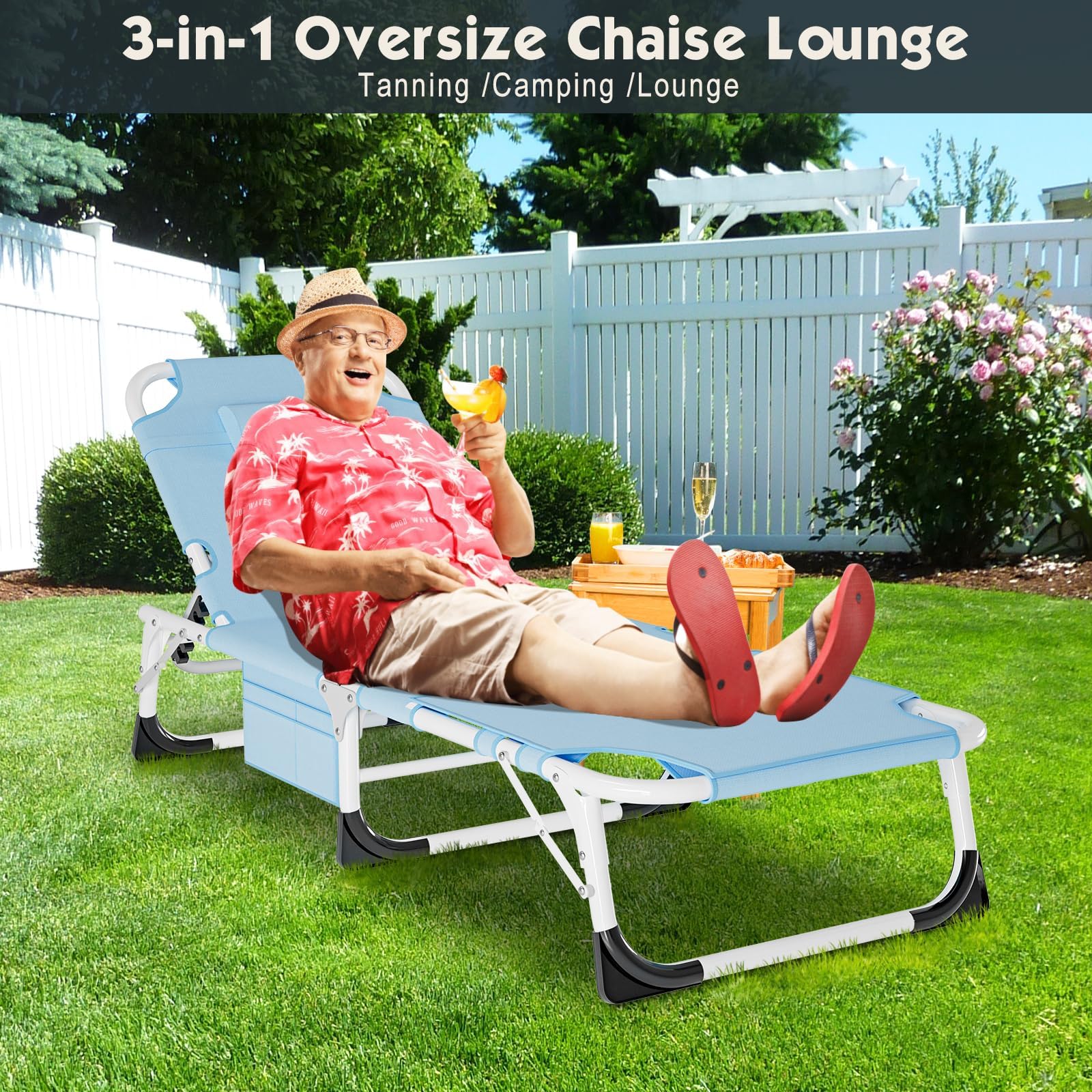 MOPHOTO Chaise longue pliante 5 positions, lit pliant, chaise longue robuste pour extérieur, piscine, plage, pelouse, camping