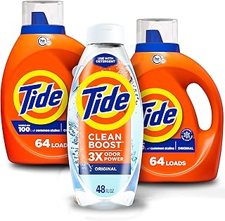 Bundle of Tide Liquid Laundry Detergent Soap, Original Scent, HE Compatible, 64 Loads, 84 fl oz + Tide Deep Cleansing Fabric Rinse with 3X Odor Power, Original Scent, 48 oz