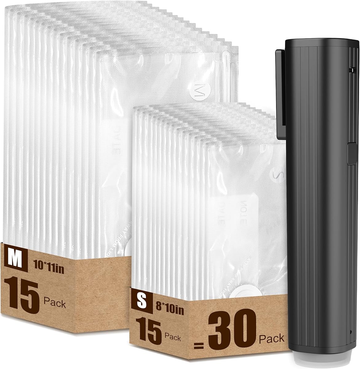 Elxis Vacuum Sealer, Portable handheld Vacuum Sealer + 30 Reusable Vacuum Bags, Portable Food Sealer, With LED pressure display, 2-Speed Pressure Control (60/80 Kpa)