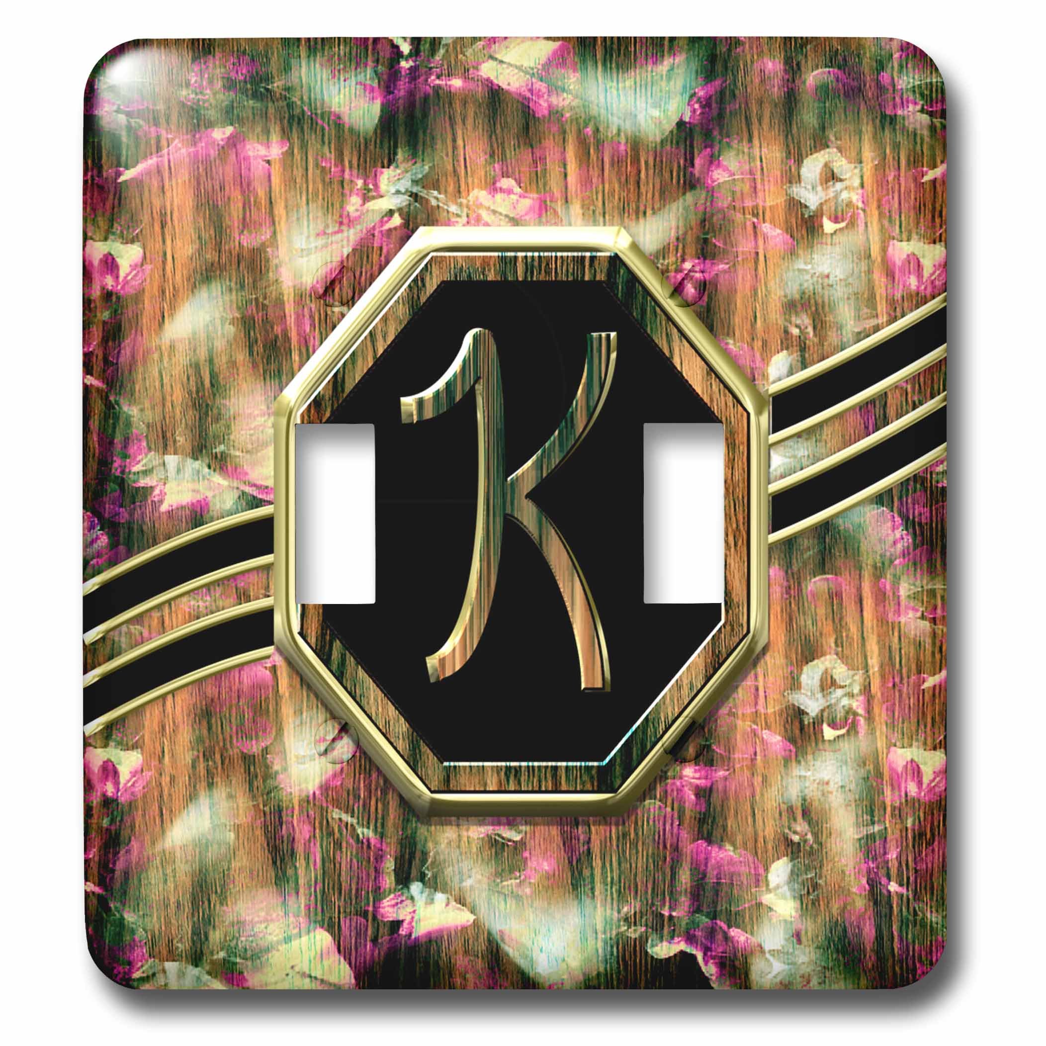 Interrupteur double bouton imitation bois doré et motif monogramme K rose camouflage