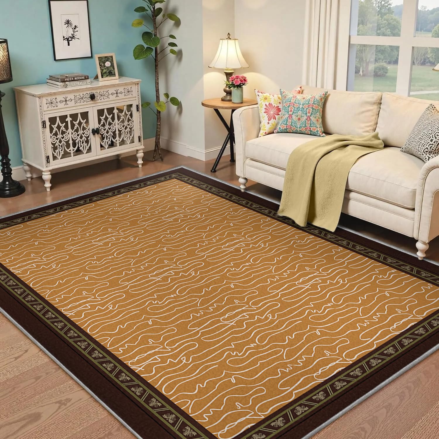 Tapis lavable 200x300cm salon au design abstrait ondulé jaune et blanc