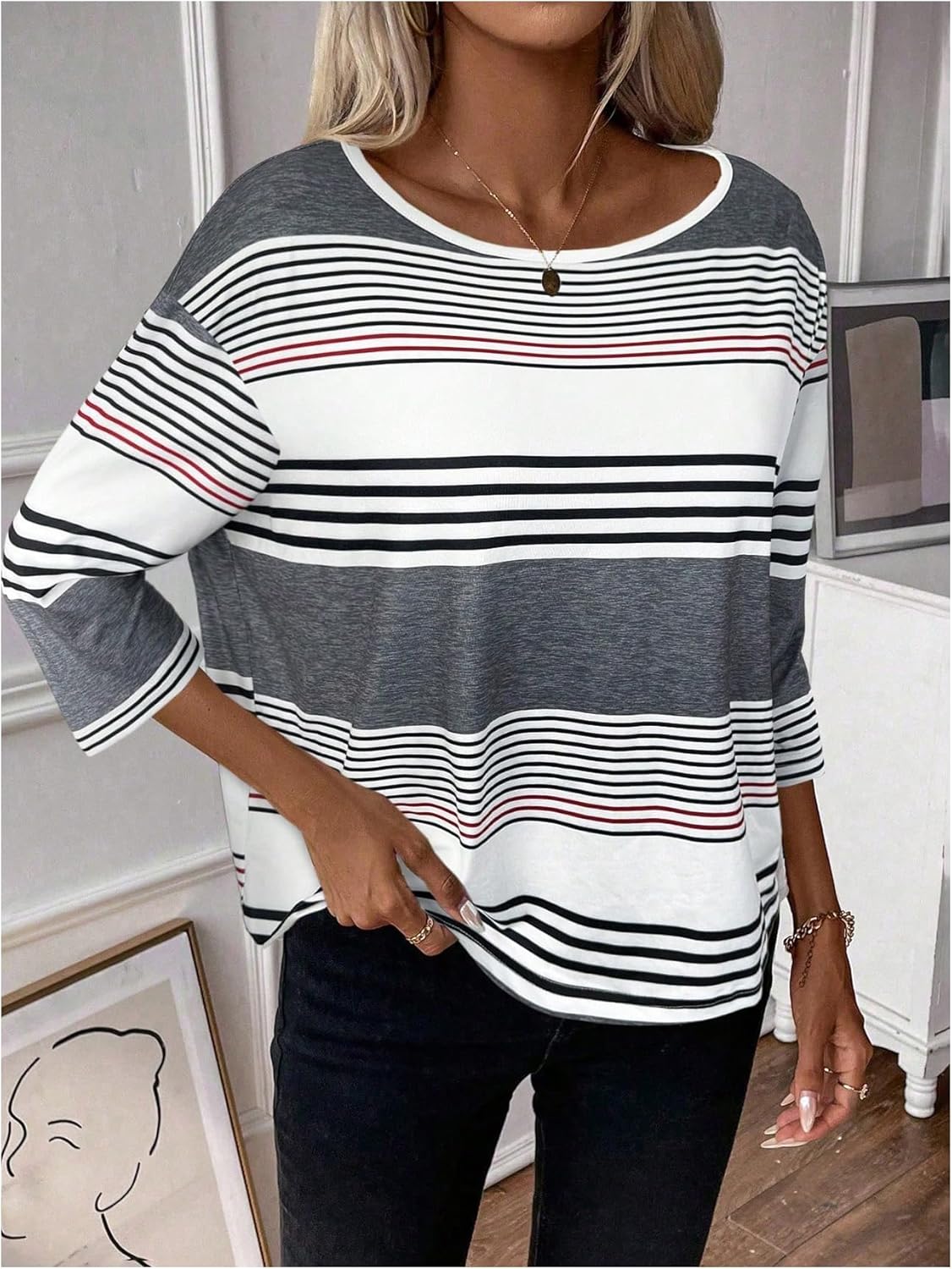 SweatyRocks Women's Striped 3/4 Sleeve Drop Shoulder T Shirt Loose Casual Scoop Neck Tee Tops - Image 3