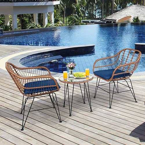 Miniatura 75 de Tangkula 3 Pieces Patio Bistro Set, Rattan Conversation Set with 2 Cushioned Armchairs & Round Glass Coffee Table, Indoor Outdoor Wicker Furniture