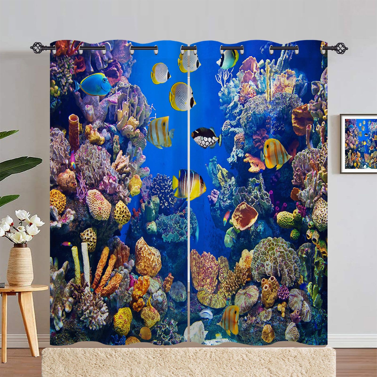 ANHOPE Tropical Fish Curtains Eyelet Blackout Thermal Insulated Curtains Ocean Fish Coral Print Pattern Soft Soundproof Privacy Window Drapes for Bedroom Living Room 46 x 72 Inch 2 Panels