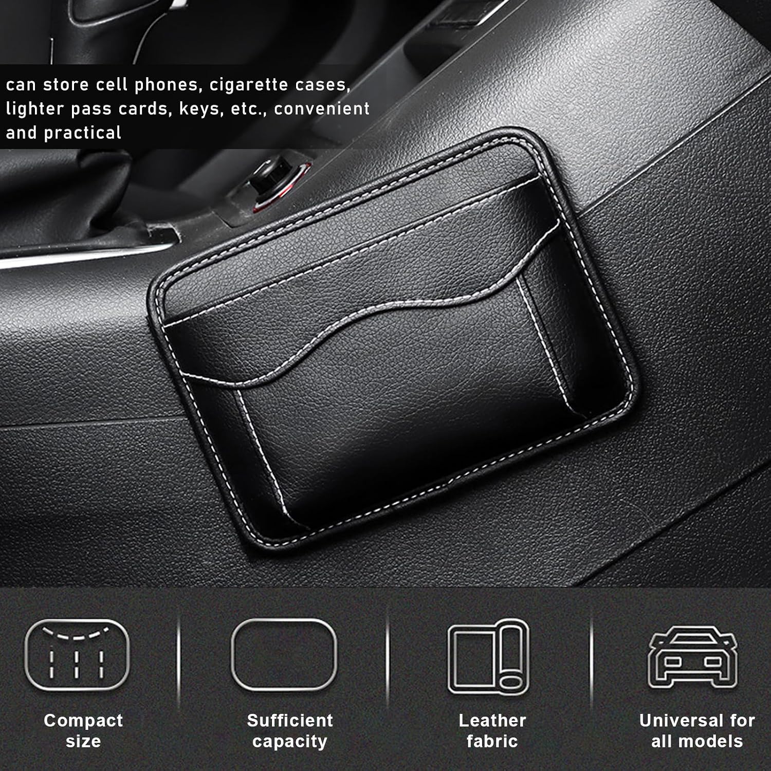 povtii 2 PCS Car Seat Side Pocket Organizer, PU Leather Cell Phone Sunglasses Storage Pocket, Mini Seat Gap Filler Pouch for Auto Seat Door Window Console, Interior Car Accessories (Black)