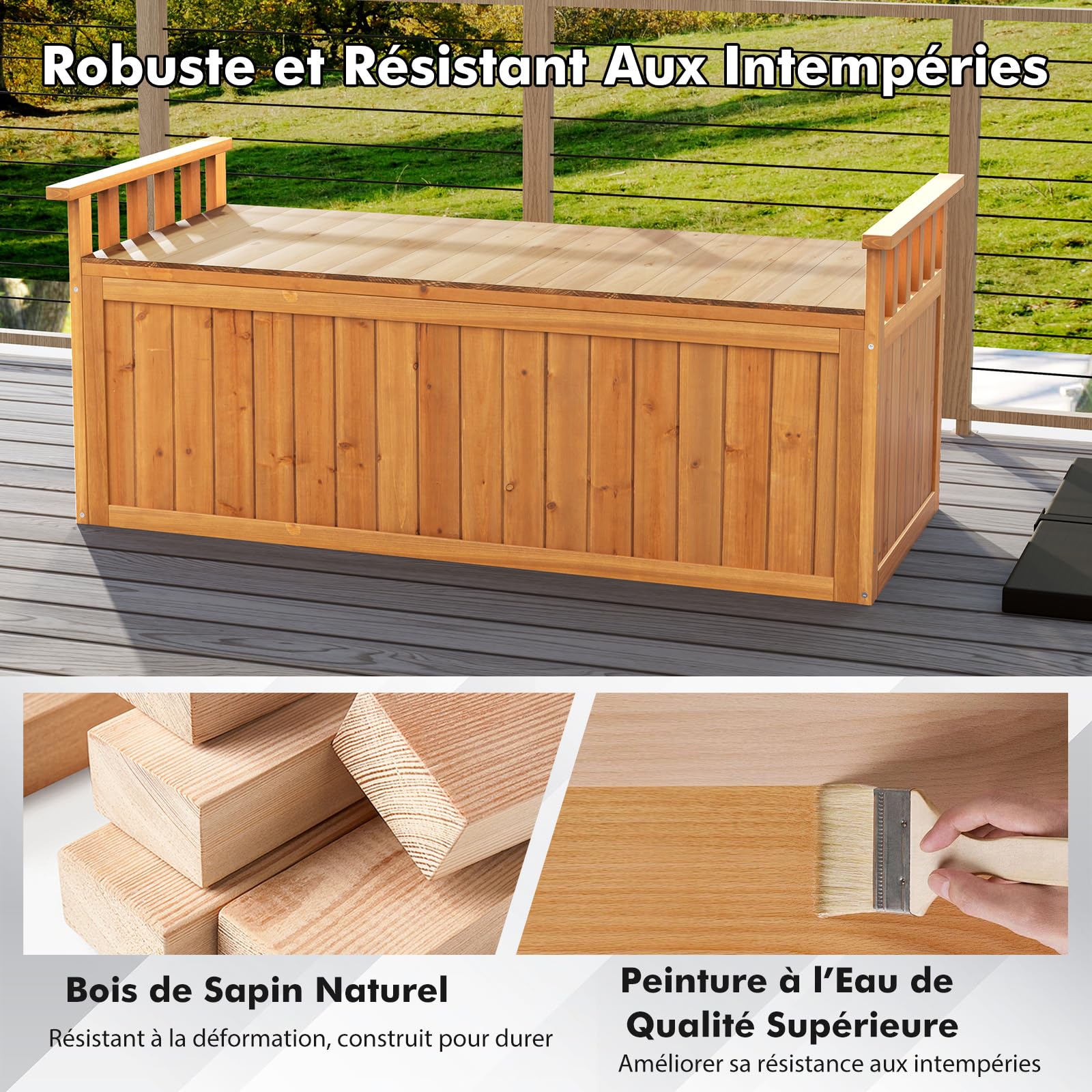 COSTWAY Banc de Rangement d'Extérieur en Bois, Banc d'Extérieur à 2 Places de 209 L avec Accoudoirs, Coffre de Stockage en Bois pour Outils de Jardin, Charge 100KG, pour Jardin Balcon (Naturel)