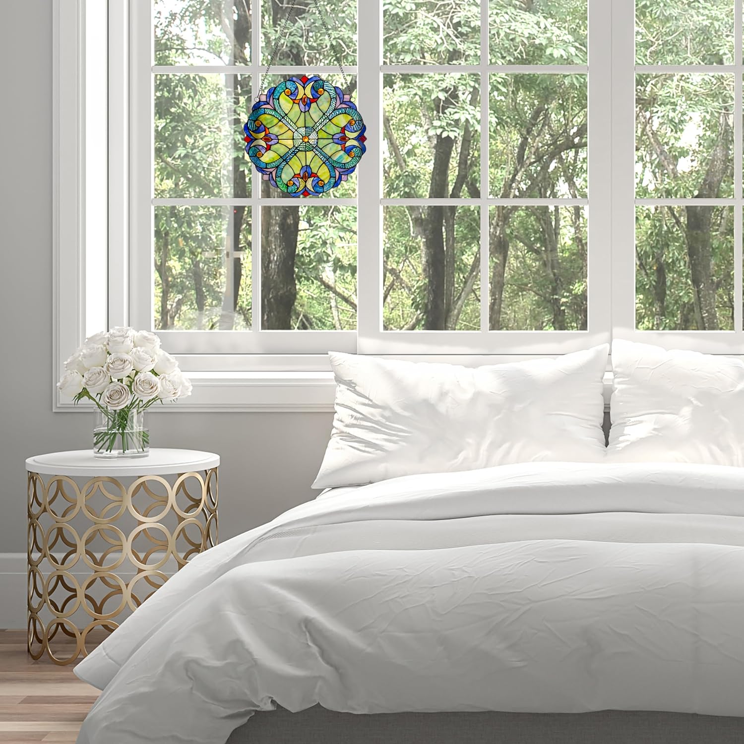 RIVER OF GOODS 12" H Mini Halston Heart Stained Glass Window Panel - Hanging Suncatcher with Stained Glass Panels for Window - Green/Blue