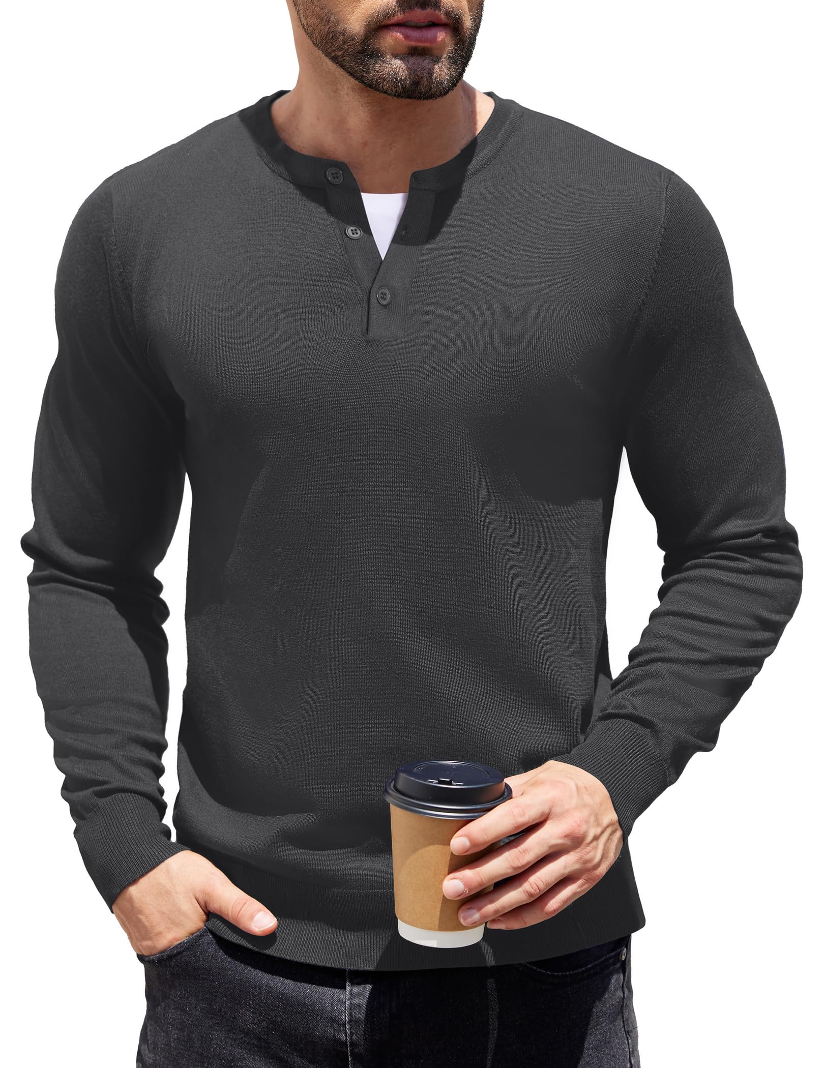 COOFANDY Men's Knit Henley Shirts Dress Long Sleeve Sweater Casual Collarless Quarter Button Pullover