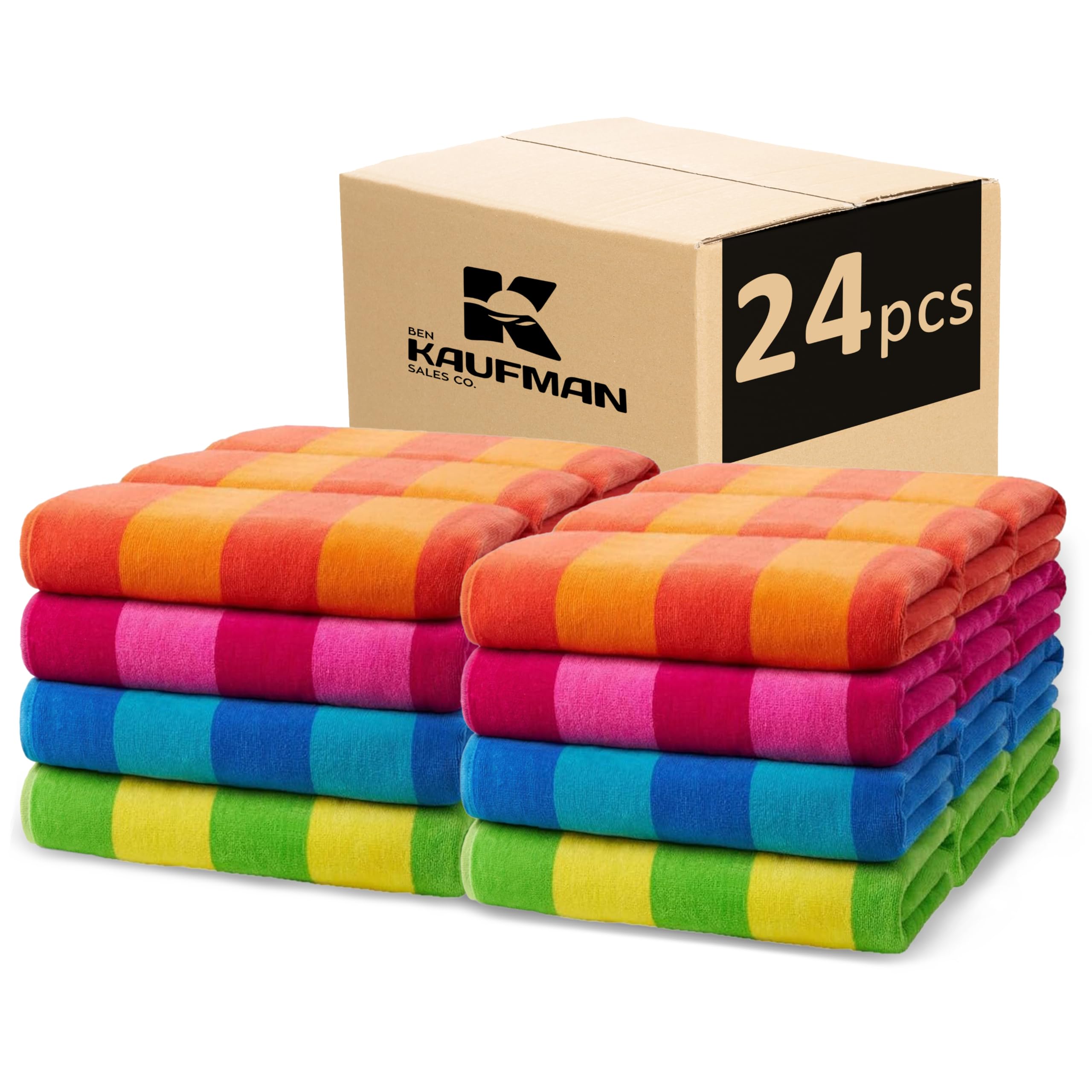 Kaufman - Soft Oversized Beach Towels in Bulk | 30" x 60" Velour Striped Beach Towel | Absorbent, Quick-Drying | 100% Cotton Thick Beach Towels (24-