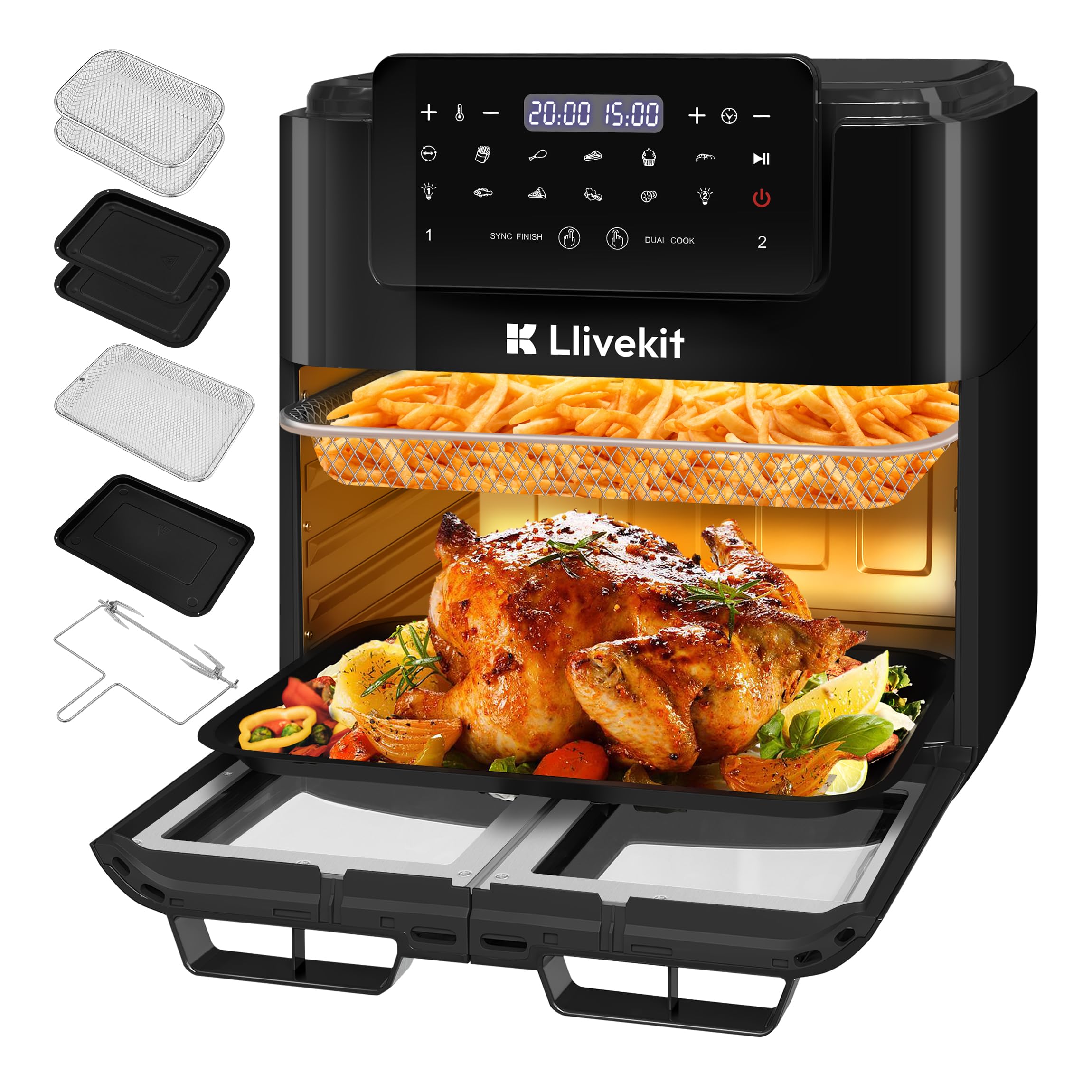 15L Air Fryer with Rotisserie, Dual Air Fryer Mini Oven, 12-In-1 90% Less Oil Airfryer LED Touch Screen, 8 Accessories, SYNC FINISH & DUAL COOK, Mini Oven with Fry, Bake, Grill, Roast, 2600W