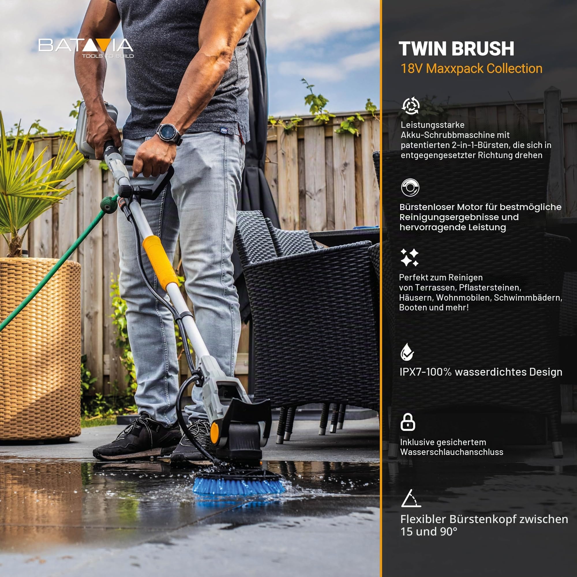 18V Twin Brush - Brushless Akku-Reinigungsbürste - Inkl. 4,0-Ah-Akku und Schnellladegerät + 3 Bürsten und Verlängerungsgriff