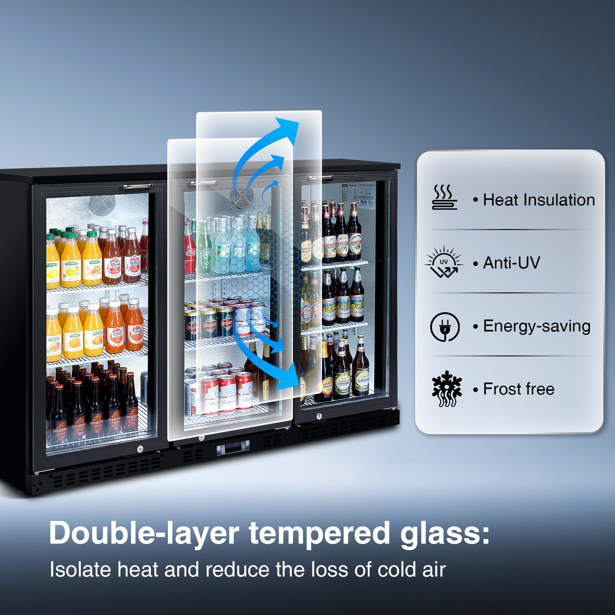 Deeptide Back Bar Cooler With 3 Swing Glass Door - 11.3 Cu.Ft Beverage Refrigerator With Adjustable Shelves,LED Lighting, Safety Lock For Beer，Coffee Or Beverages on Fridge.com - View 6