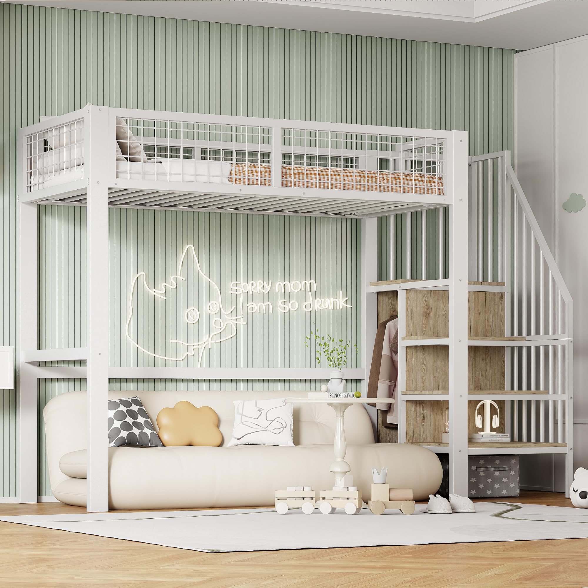 Moimhear Letto a soppalco 90 x 200 cm, letto in ferro con scaletta, lettino con telaio in ferro e scaffalatura, armadio (Bianco)