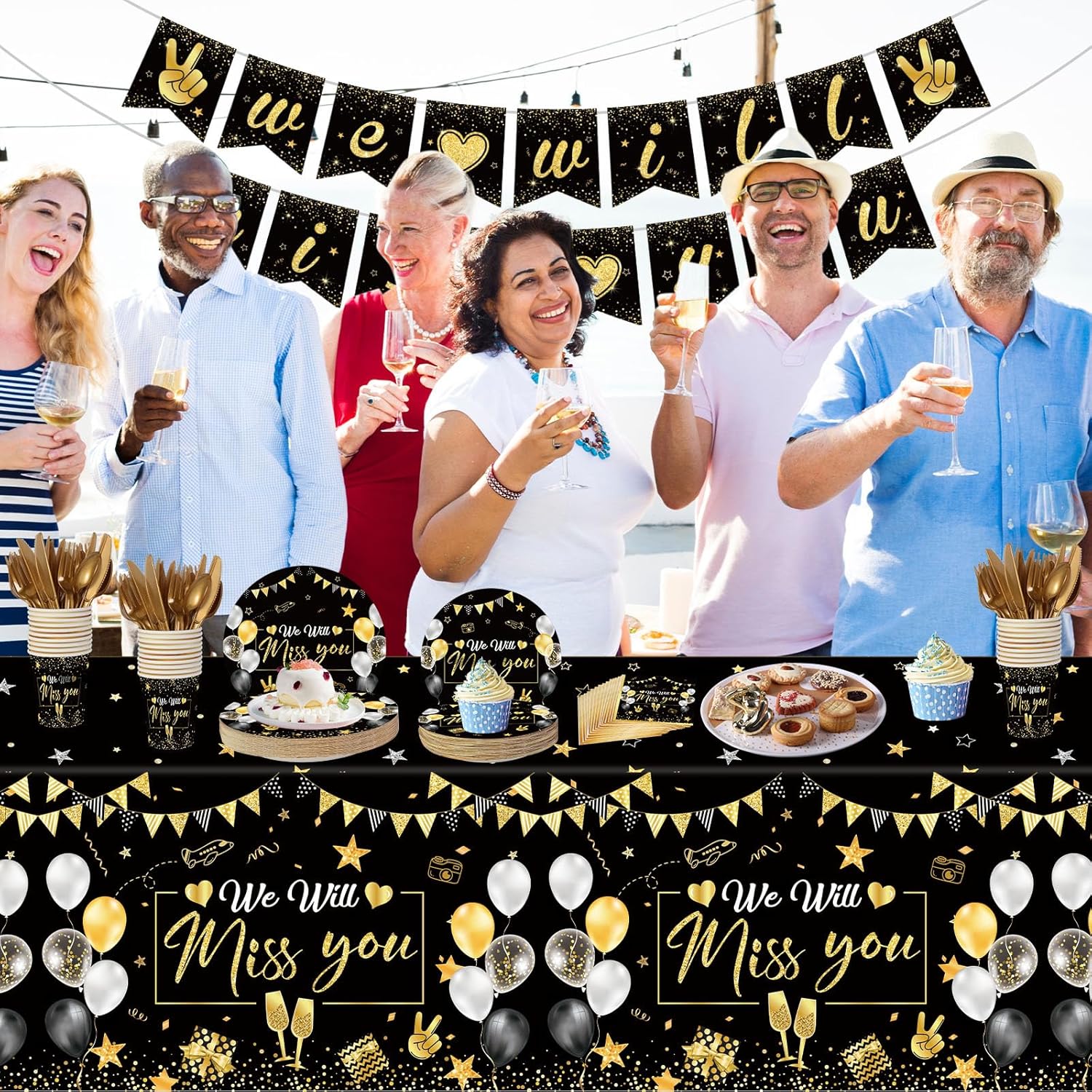 187 Pcs Farewell Party Decorations Tableware Set, 24 Guests Glitter We Will Miss You Tablecloth Dinner Plates Dessert Plate Cup and Napkins for Retirement Going Away Bye Office Work Party Supplies