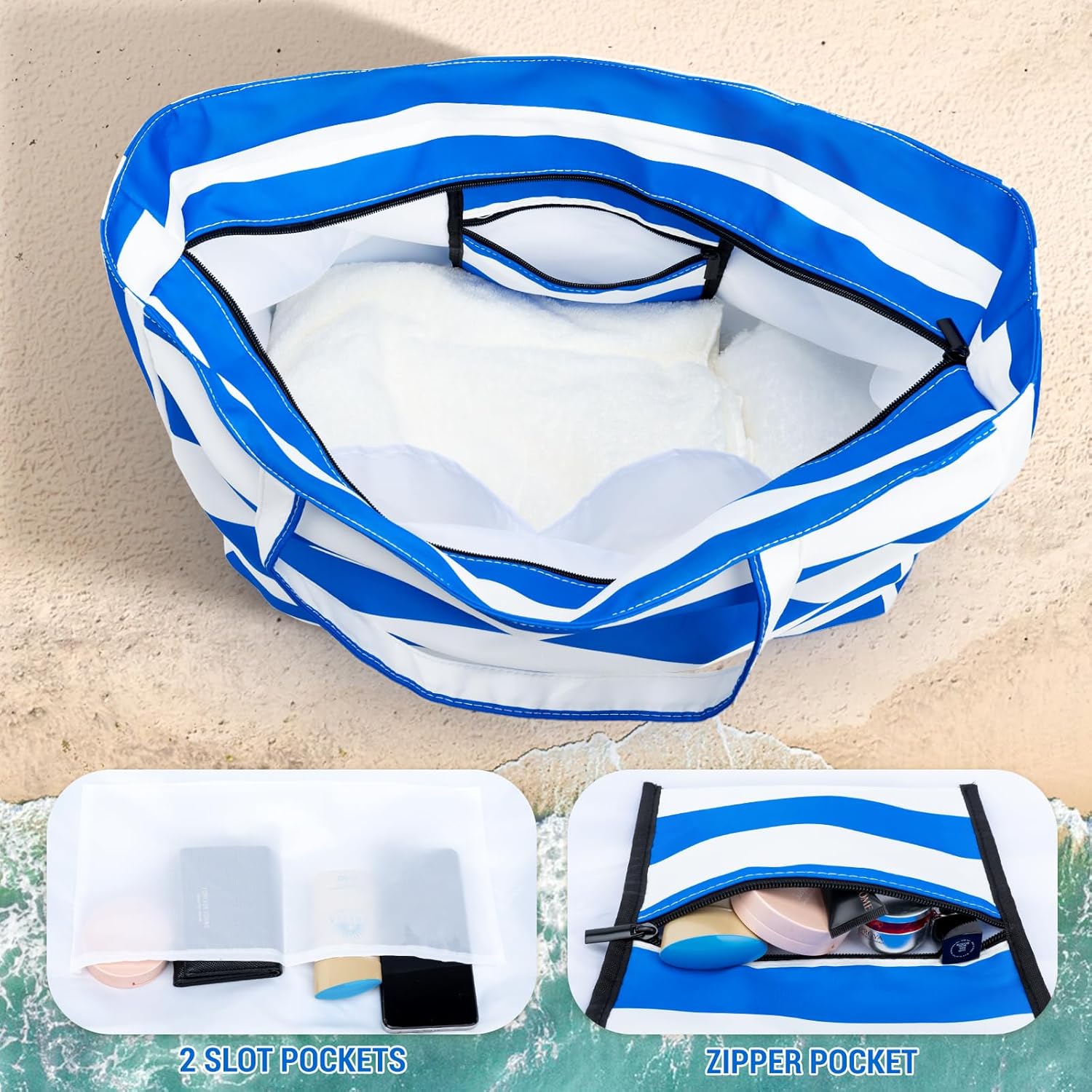 Iioscre Beach Bag for Women, Large Beach Tote Bag with Zipper Pockets, Waterproof Sandproof Swim Bag Pool Vacation Travel - Image 3