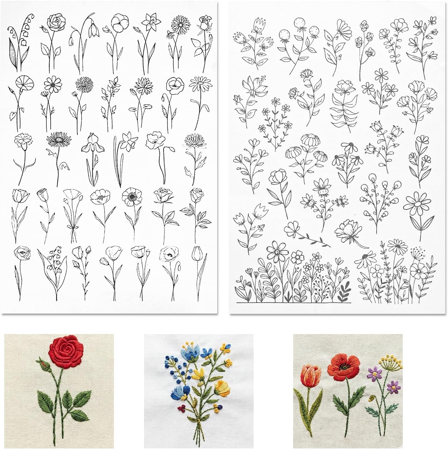 Embroidery Patterns Water Soluble, 2 Sheets Water Soluble Hand Sewing Stabilizers Stick and Stitch Embroidery Papers Wash Away Pre-Printed Floral Pattern Stabilizers for Carves Shirts Coats Bags Towel