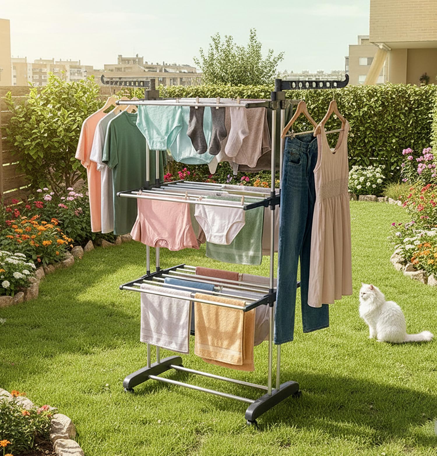 FUREINSTORE Tendedero de Ropa Plegable con Ruedas, 4 Niveles, Perchero con Ganchos Giratorios 360°, Gran Capacidad de Secado, Estante Multifuncional para Interior y Exterior (Negro+Blanco) — view 6