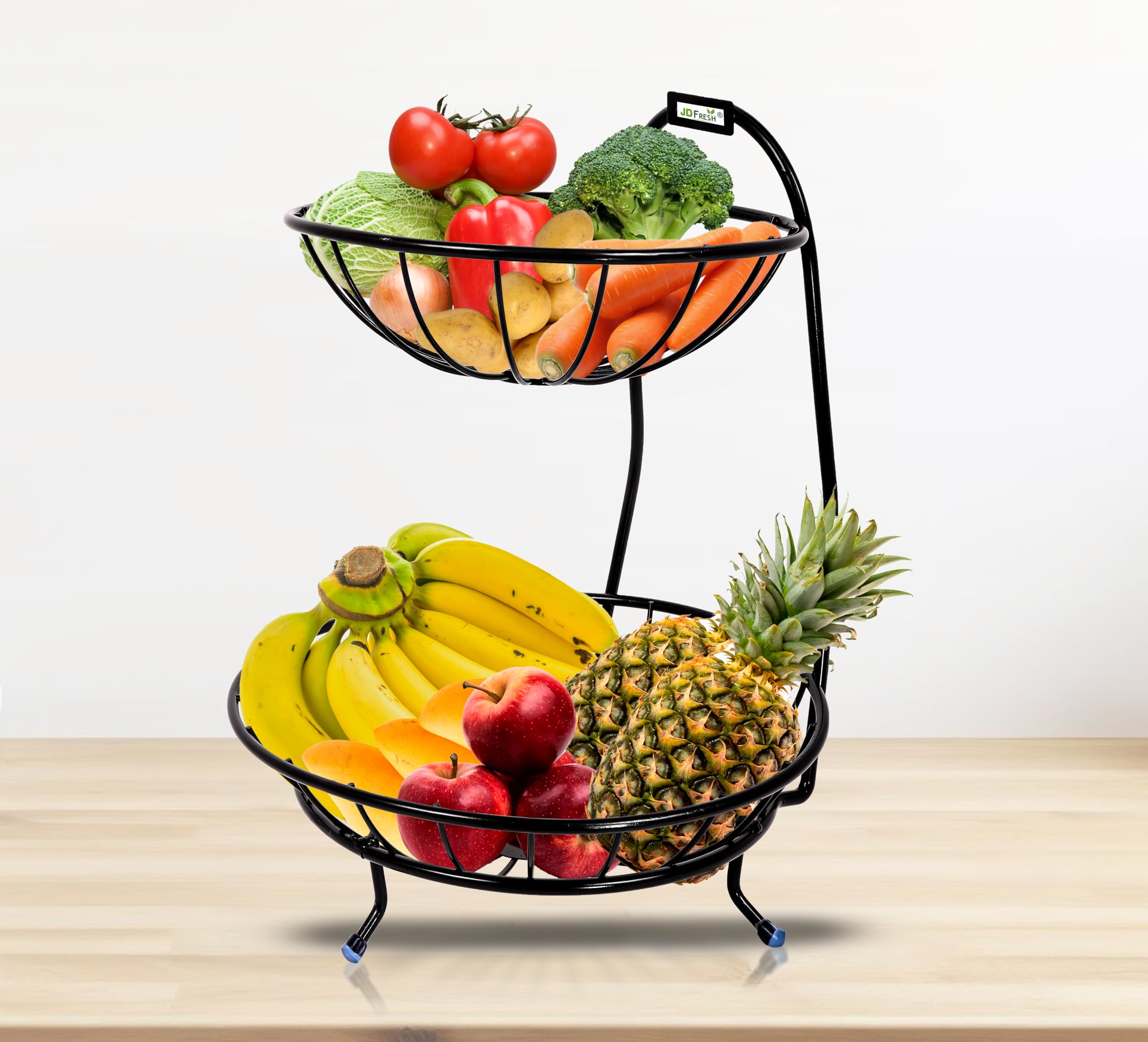 JD FRESH 2 Tier Fruit Basket/Fruit Vegetables Bowl Storage/Vegetable Organizer Basket for Kitchen/Fruit Stand Holder/Dining Table Fruit Bowl for Kitchen/Countertop/Pantry Cabinet (Black)