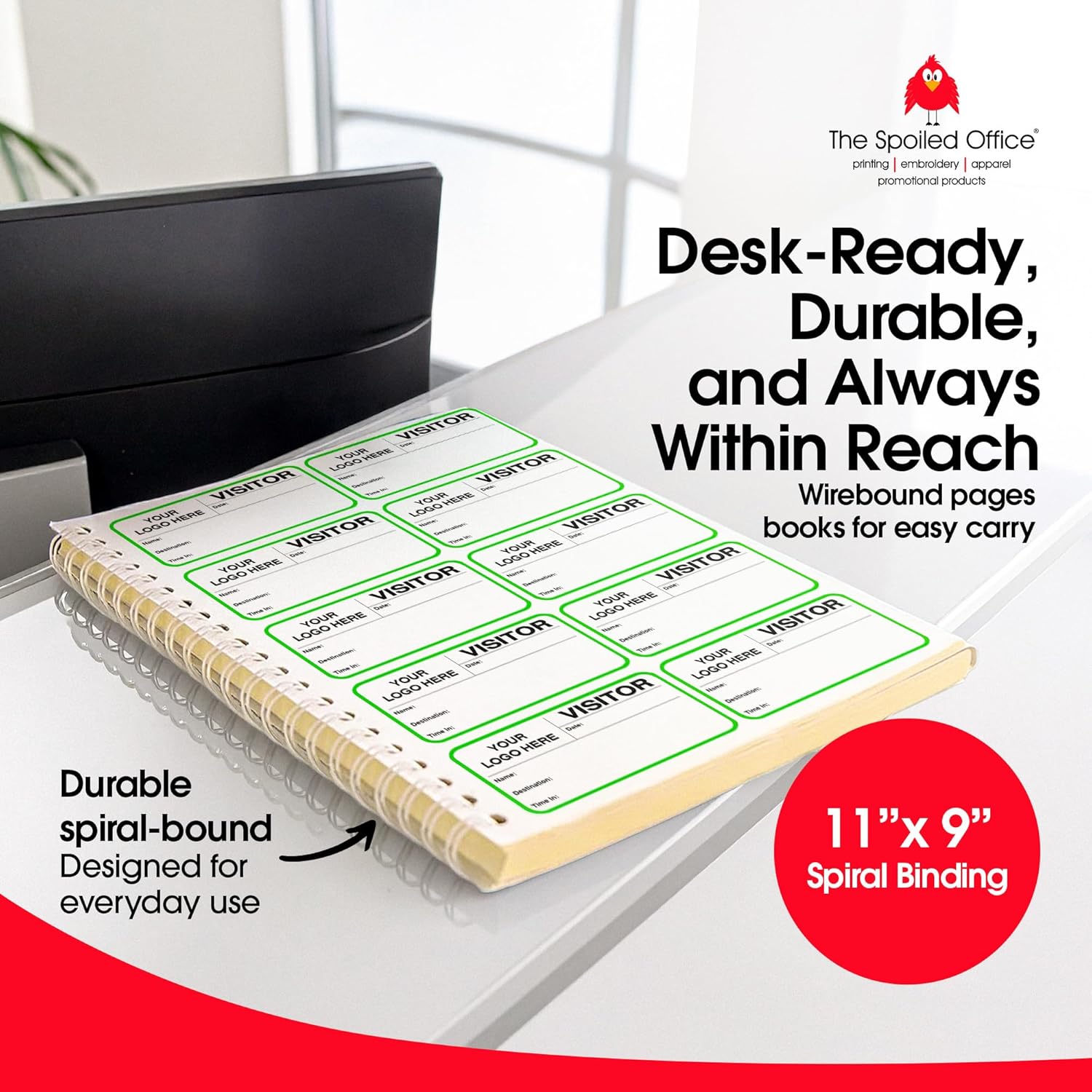 The Spoiled Office Custom Printed Visitor Sign in Book for School with 3" X 2" Peel Off Destination Carbonless Sheet w/500 Badges - Spiral Bound Log Book, Made in USA - Non-Expiring, Green with Logo