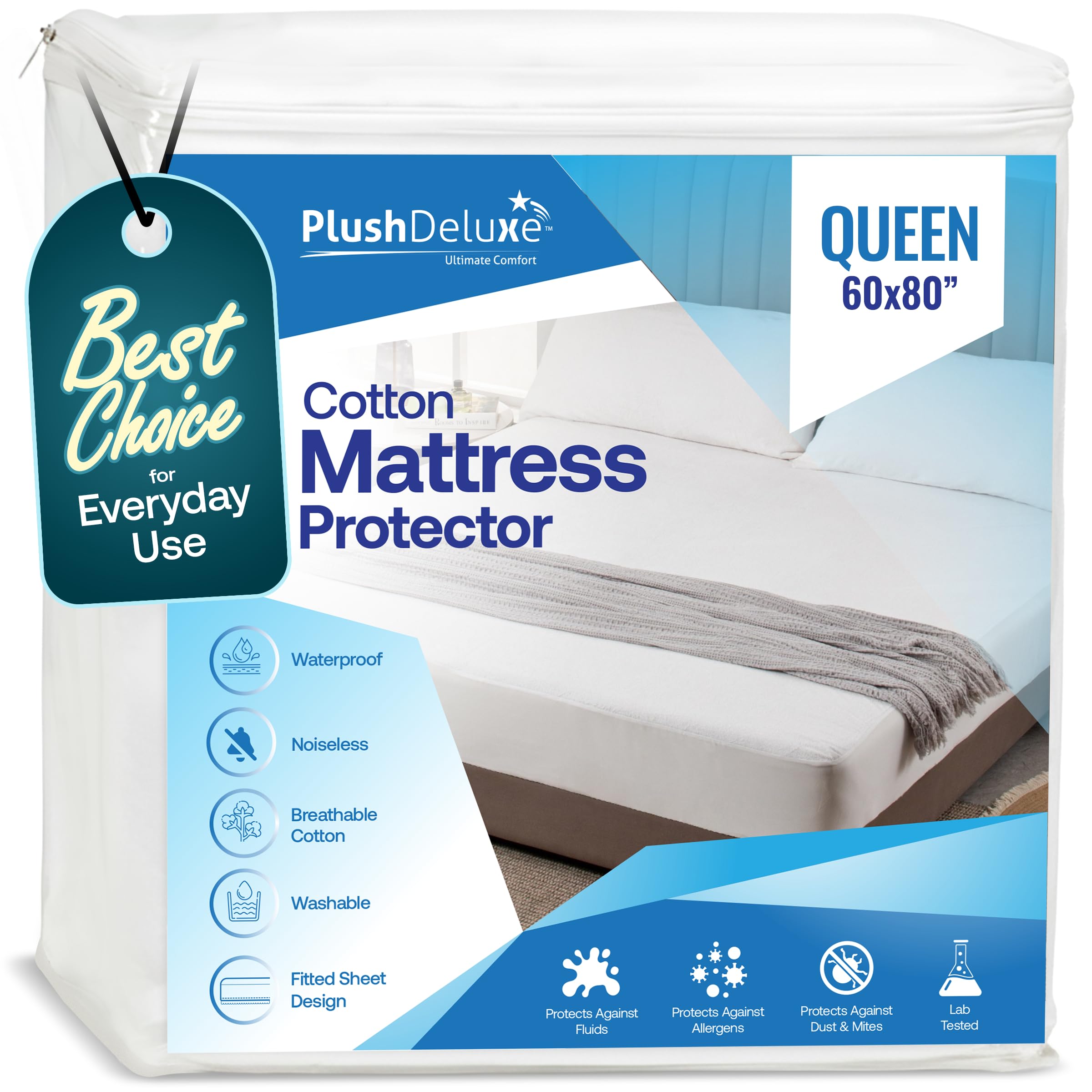 PlushDeluxe Queen Mattress Protector, Breathable Soft Terry Cotton Fitted Sheet Bed Cover with Deep Stretchable Pockets, 100% Waterproof, Noiseless, Hypoallergenic, Dust Mite Proof, 60"x80"x15"