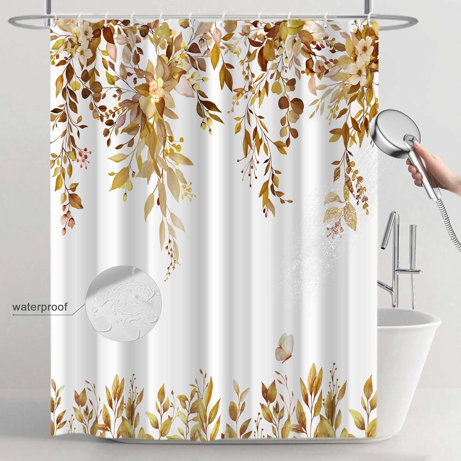 Eucalyptus Shower Curtains for Bathroom, Brown Watercolor Leaves with Floral Shower Curtain Sets with Hooks, Waterproof Fabric Botanical Bathroom Decor, 72x84 Inches