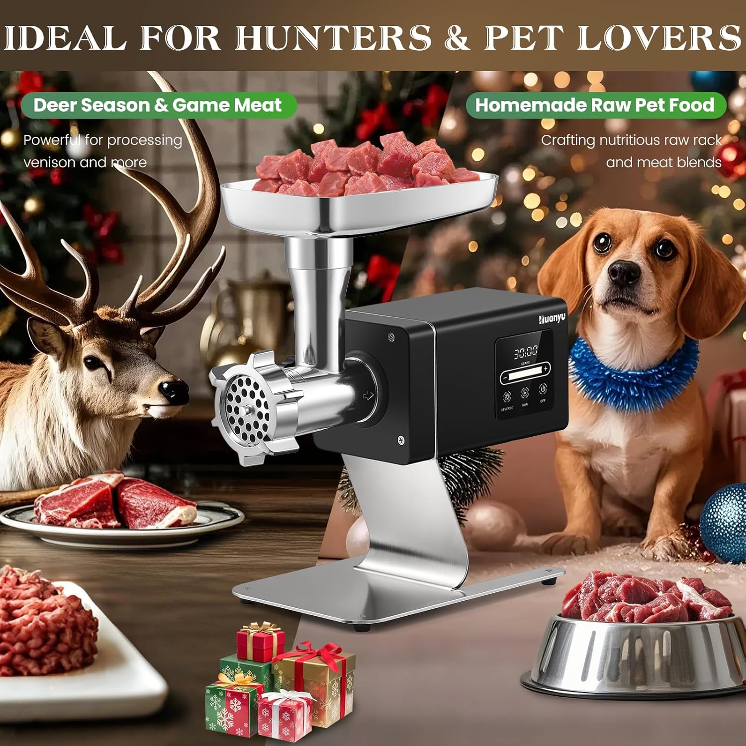 Huanyu Commercial Heavy Duty Meat Grinder - 1.3HP Bone Grinder for Pet Food, Stainless Steel with Touchscreen and Huanyu Electric Meat Grinder, 3200w Max Power Heavy Duty, 2-Speed (Slow/Fast) Bundle