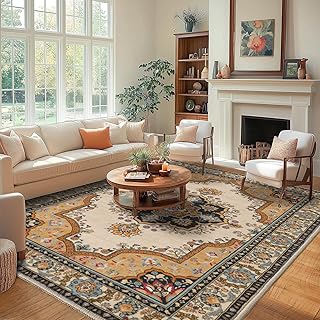 Teppich Wohnzimmer Waschbarer 140x200cm, Boho Blumen Kurzflor Wohnzimmerteppich Groß Teppich für Esszimmer Schlafzimmer Büro, Waschbar rutschfest Teppiche Orientalischer Vintage Design, Gelblich blau