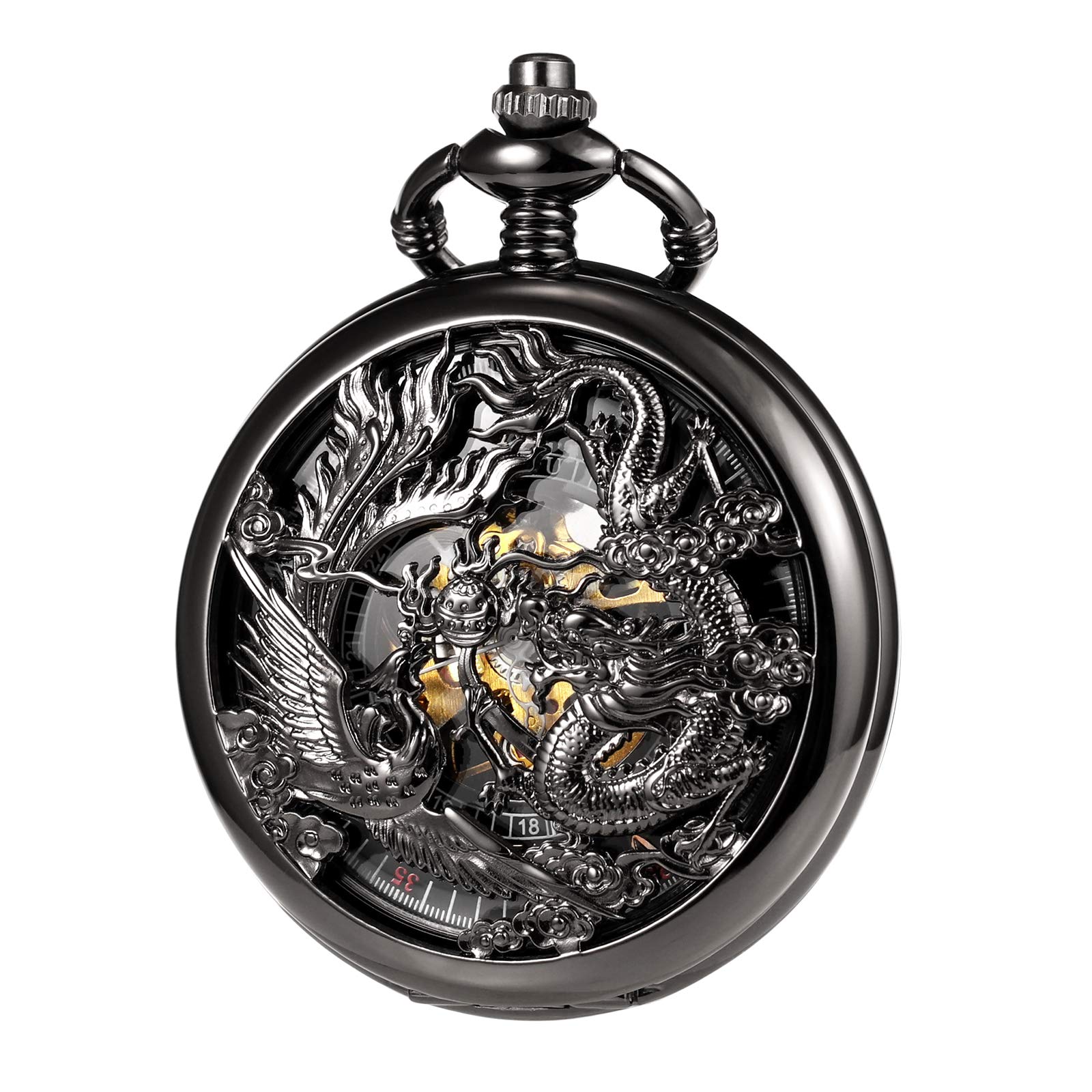 TREEWETO Mens Antique Mechanical Pocket Watch Black Lucky Dragon & Phoenix Retro Skeleton Dial Double Cover with Chain
