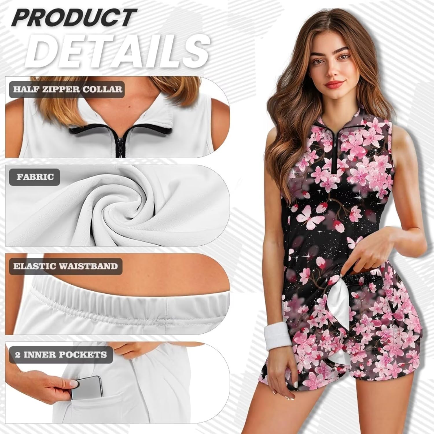 Womens Tennis Dress Sleeveless 1/4 Zip Up Golf Skirt Built in Shorts Athletic Quick Dry Dresses with Pockets