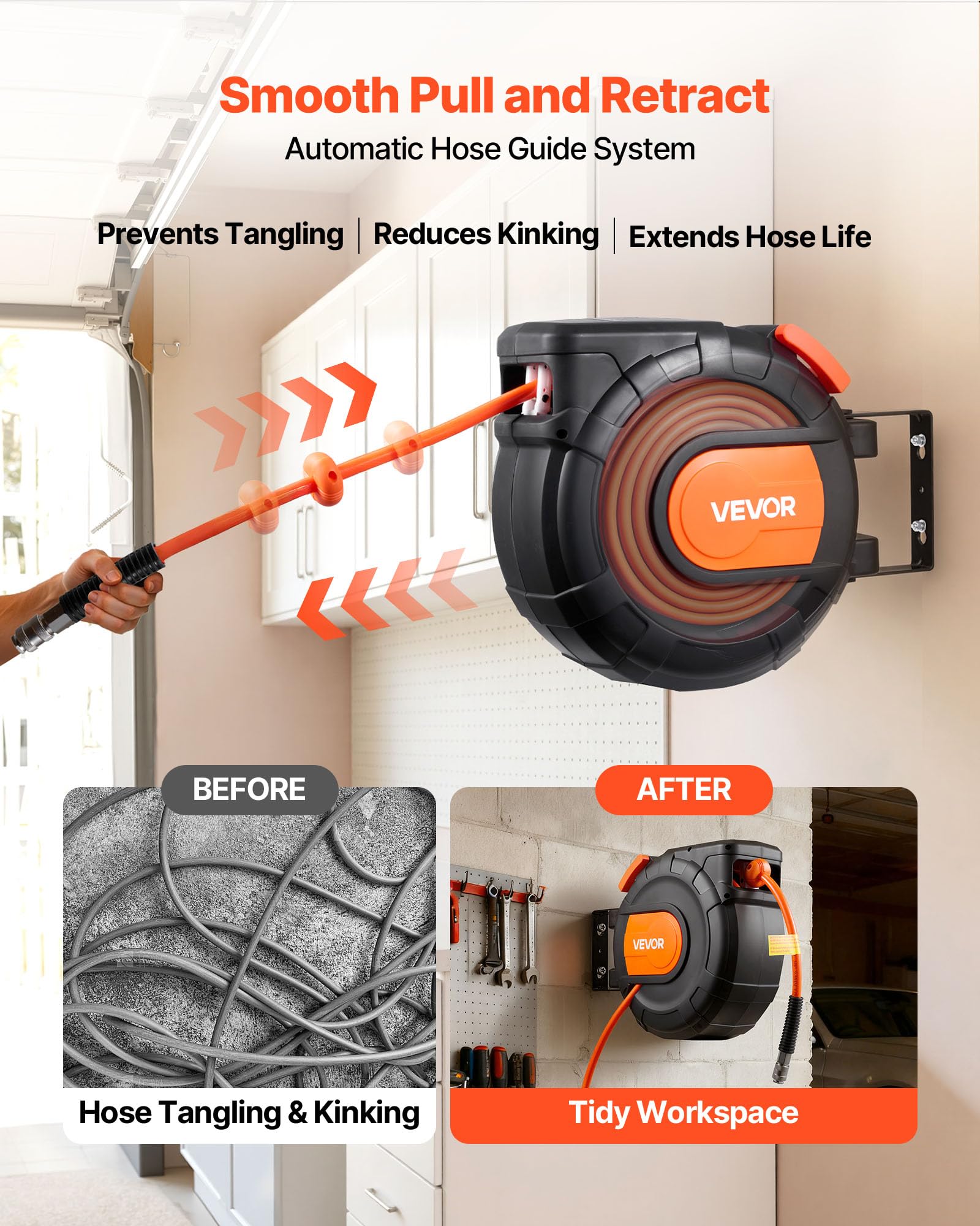 VEVOR Carrete de Manguera de Aire Retráctil 15 m x 9,5 mm, Manguera para Compresor de Aire Presión Máxima de 300 PSI, con Entrada de 1 m, Montaje en Techo o Pared Giratorio de 180°, para Garaje