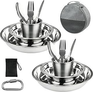 Campinggeschirr Set für 2 Personen - 304 Edelstahl Camping Geschirr mit Rundem Aufbewahrungsetui, Tellern, Schüsseln, Bechern & Besteck-Set, Outdoor Picknick Set mit Karabiner