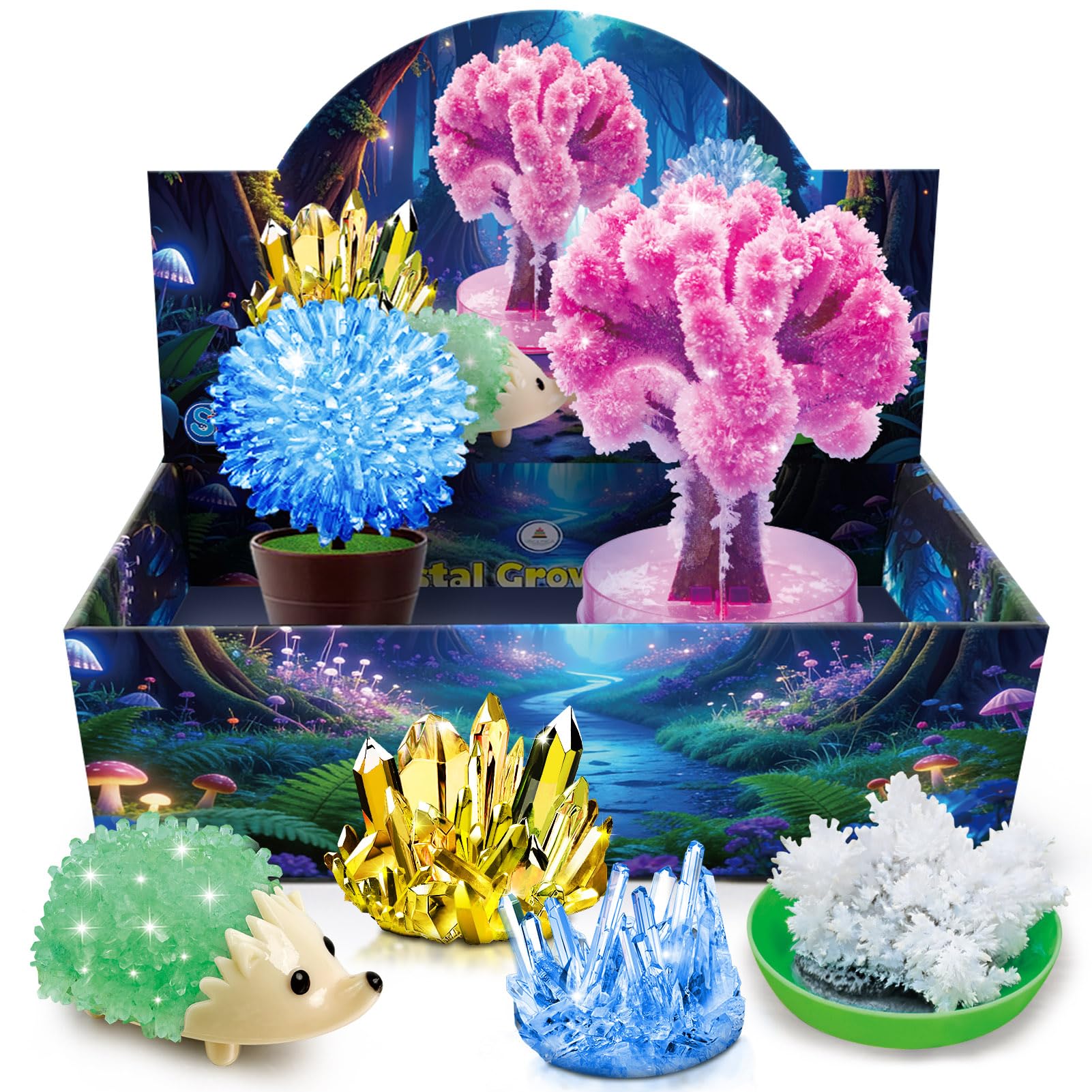 UNGLINGA Crystal Growing Kit for Kids, Chemistry Science Experiments S.T.E.M Toys Gifts Idea for Boys Girls, Crystal-Growing Tree, Hedgehog Crystal, Grow 6 Vibrant Crystals Making Kit