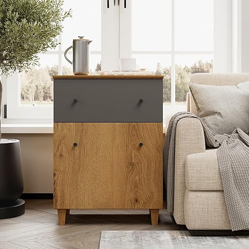 Miniatura 19 de WAMPAT Juego de 2 mesas auxiliares altas con cajones y puertas, modernas mesas auxiliares grandes para sofá, mesita de noche de madera con estante