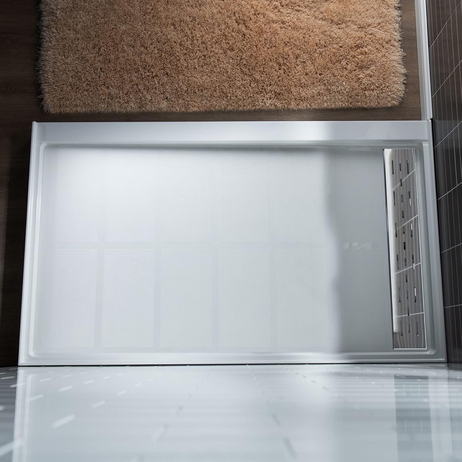 WOODBRIDGE Solid Surface Shower Base with Recessed Trench Side Including Chrome Linear Drain Cover L x W x H, 60"L x 34"Wx 4"H,Center Drain,White Color