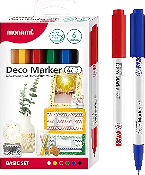 MONAMI Deco Marker 463, Extra-Fine Tip 0.7mm, Water-Based Premium Acrylic Paint Markers for Home Decorations, Arts, Crafts, BASIC 6-Pack White, Yellow, Red, Green, Blue, Black