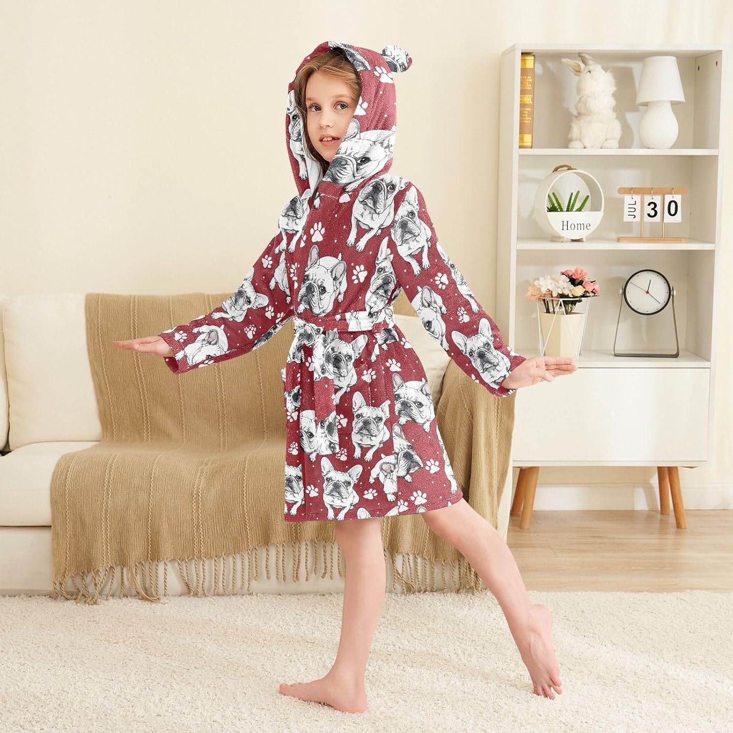 senya Bulldog Gery on Red Toddler Hooded Bathrobe Kids Soft Plush Bath Towel Robes for Boys Girls 2-12 Years
