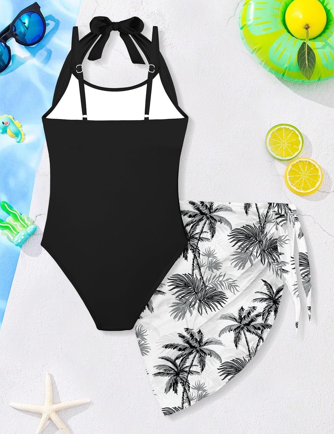 Girls Swimsuit Halter Neck One Piece Bathing Suit with Tropical Printed Cover Up Skirt Girls' Swimwear Set 7-18Y - Image 8