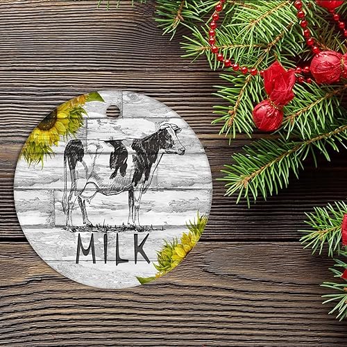 Miniatura 2 de Adorno de cerámica de Navidad con flores rústicas de madera vaca, adornos para árbol de Navidad, árbol de Navidad primitivo, granja, adorno de