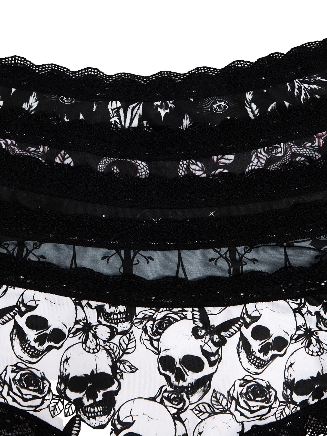 WDIRARA Women's 5 Pack Set Goth Graphic Print Mesh Sheer Lace Trim Mid Rise Underwear Briefs: X-Small Black Multicolor