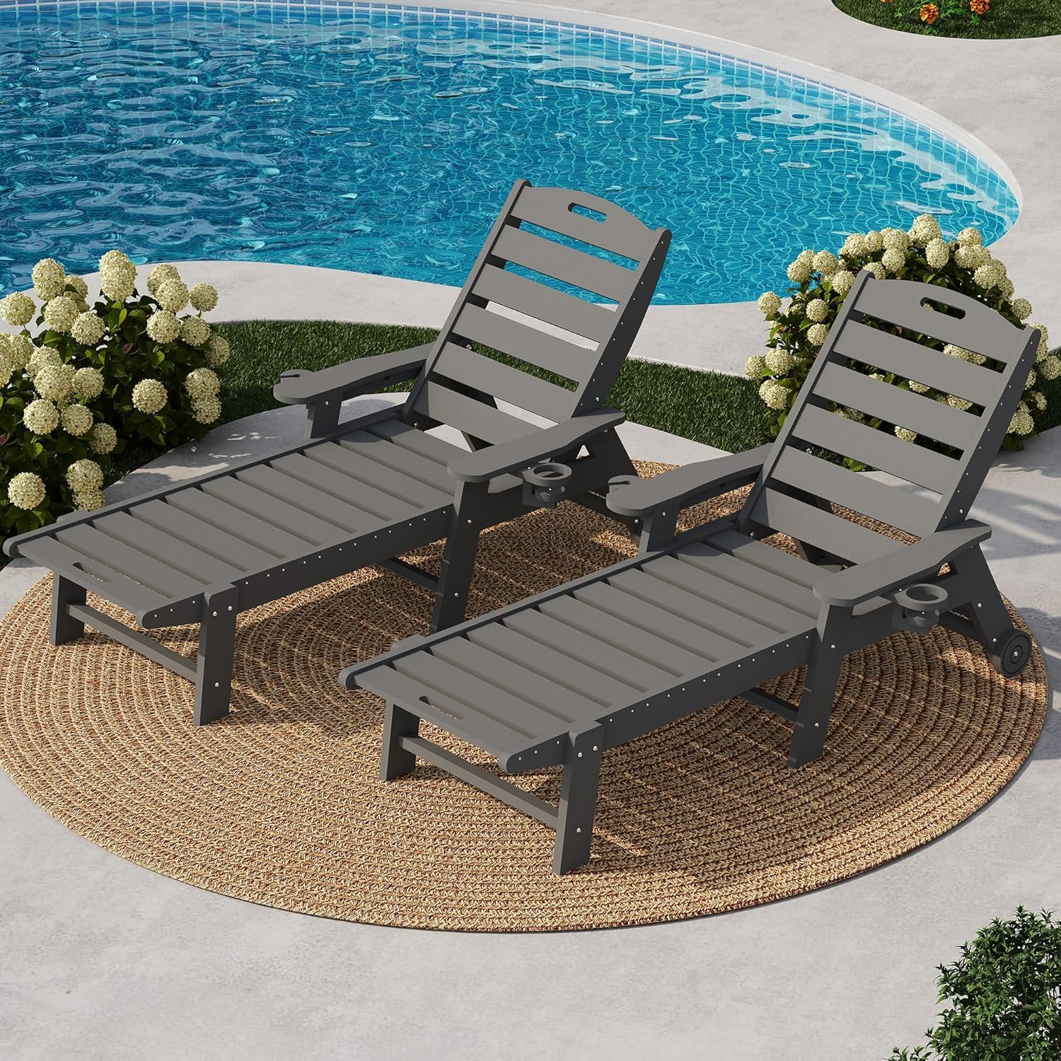 Garvee Oversize 5-Position HDPE Outdoor Chaise Lounge Chair with Rolling Wheels – Pool Lounge for Patio, Beach & Camping, Gray